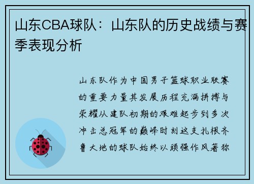 山东CBA球队：山东队的历史战绩与赛季表现分析